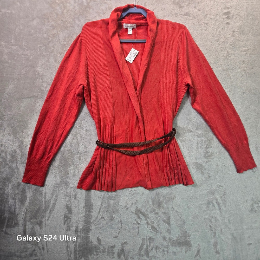 Dressbarn Red Ribbed Open Front Cardigan Belted Shawl Collar Sweater XL NWT